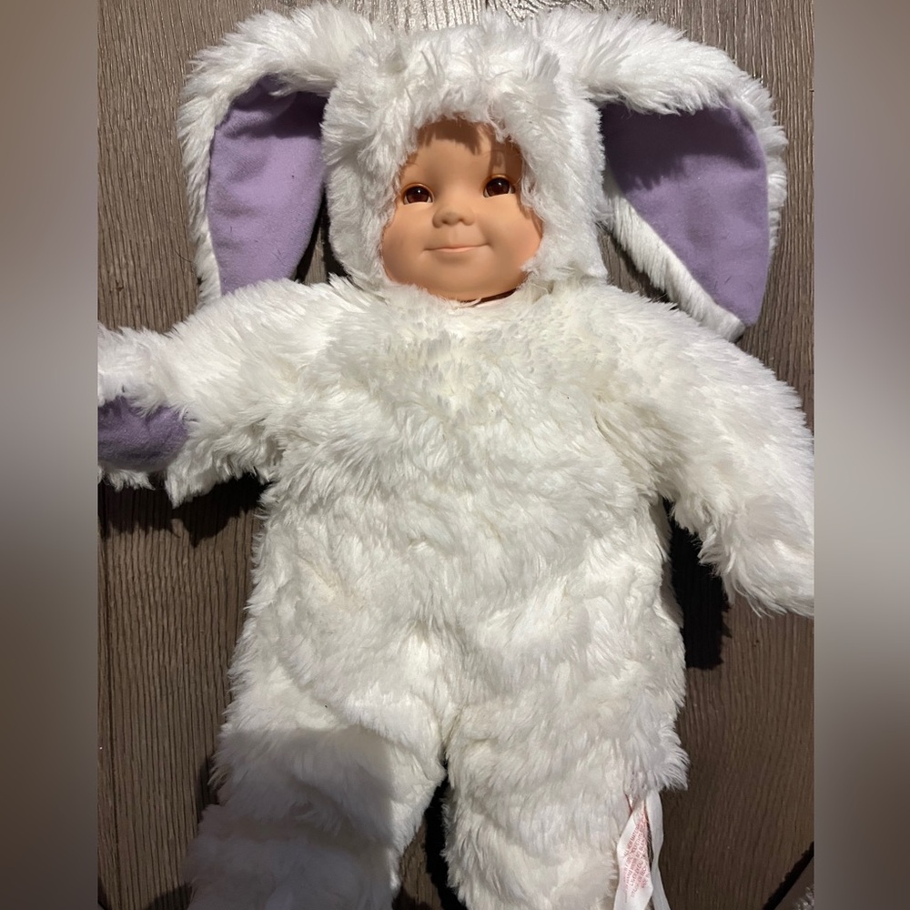 Anne Geddes vintage doll in bunny clothes white purple stuffy ears down 15"